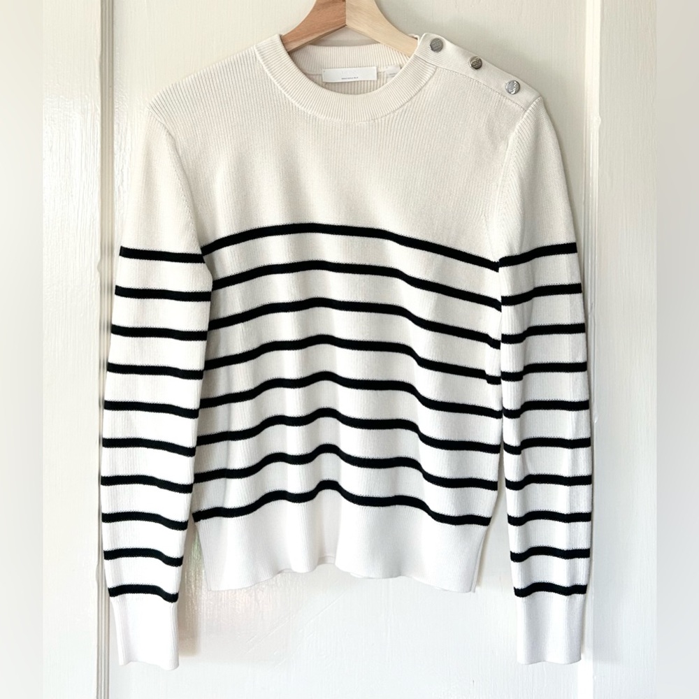 NEW Boss Fataleya Cotton Silk Button Stripe Sweater Black White M Quiet Luxury